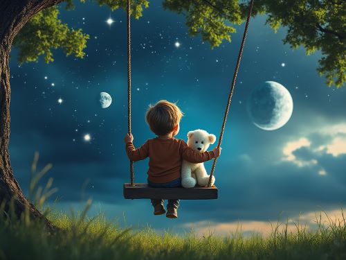 A corrected image after a few prompts shows a toddler dreaming of blasting off to to moon in a swing [Image: Grok (Xai) (2024)]