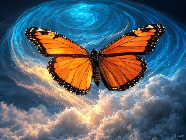 The butterfly effect: A small change, like a butterfly flapping its wings, can lead to massive, unpredictable outcomes, like a hurricane, due to complex systems. [Image: Grok (xAI)]