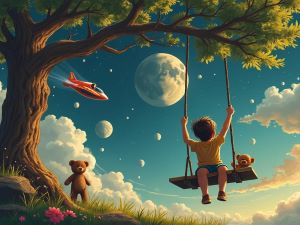 Caption: Grok (Xai) (2024) automatically generated this image when I asked it to review the lyrics of a song I was writing based on phrases my grandson said during a swing session in the backyard. Besides the Kid's legs being backward and the creepy Teddy bear watching from the side, Grok's image helps me gauge the picture the lyrics are painting.