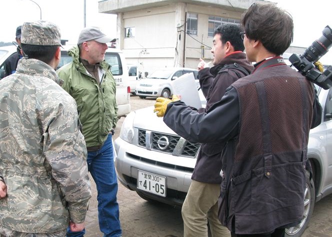Brent Duncan talks with local media about the relief efforts