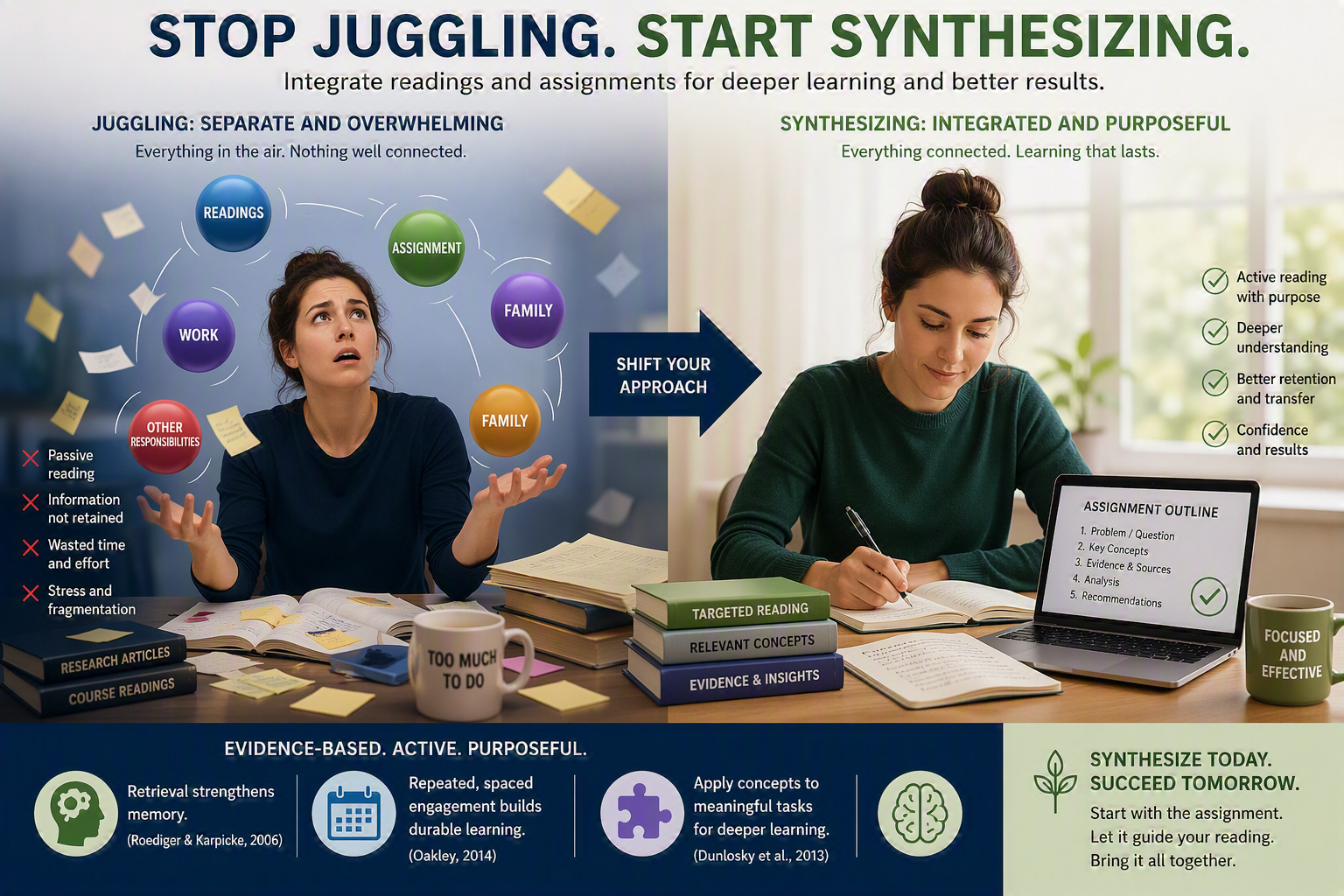Synthesis Over Separation. Effective adult learners do not treat reading and assignments as separate activities. By using project goals to guide reading, they transform coursework from a series of disconnected tasks into an active process of inquiry, application, and learning. [Image: Copilot]